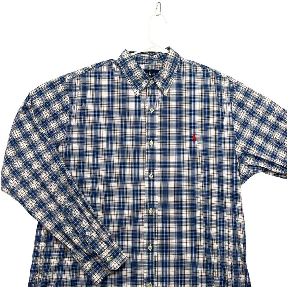 Ralph Lauren Button Down Shirt Mens XL Blue Plaid Slim Fit Cotton Stretch